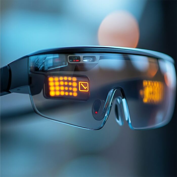 Close-up van een slimme bril met digitale gegevens over het glas