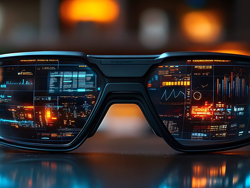 Slimme bril op een tafel met reflecties van datainterfaces op de glazen